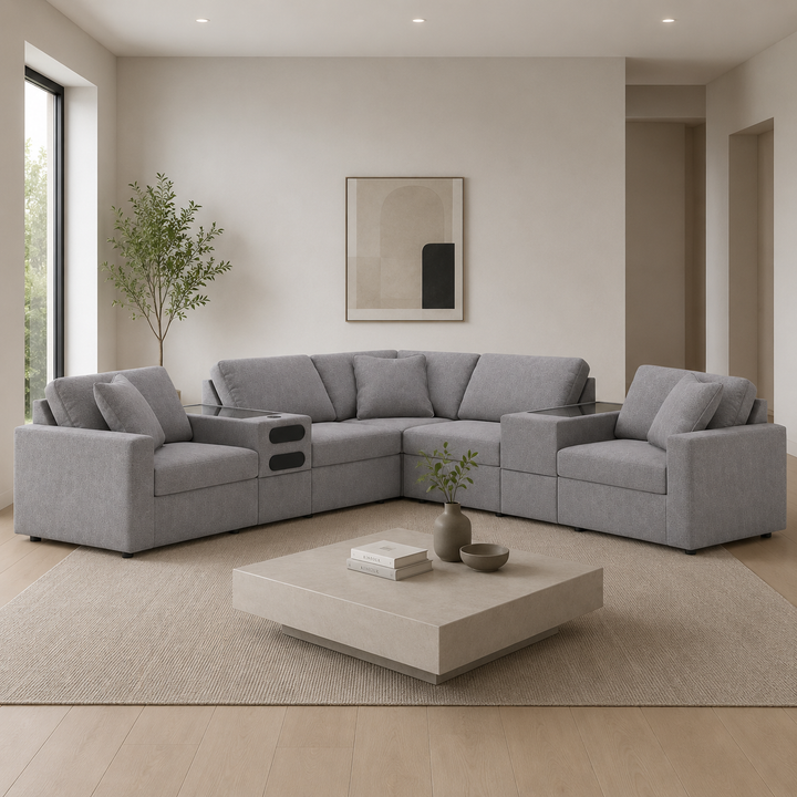 92104S69 Modmax 7-Piece Fabric Sectional Sofa With Storage &amp; Audio System Console - Granite | Signature Design By Ashley