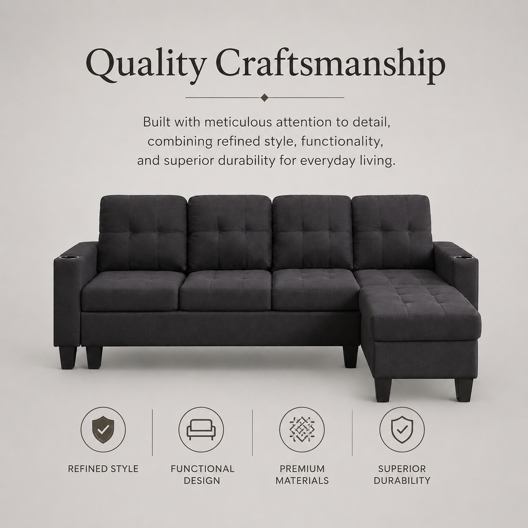 Bexen Fabric Upholstered Sectional Sofa With Reversible Chaise - Black