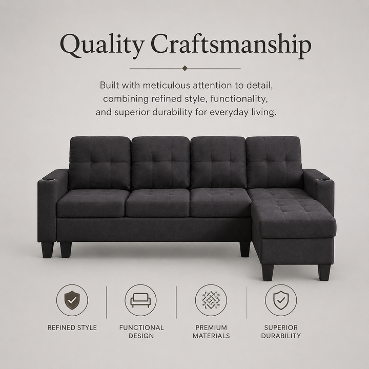 Bexen Fabric Upholstered Sectional Sofa With Reversible Chaise - Black