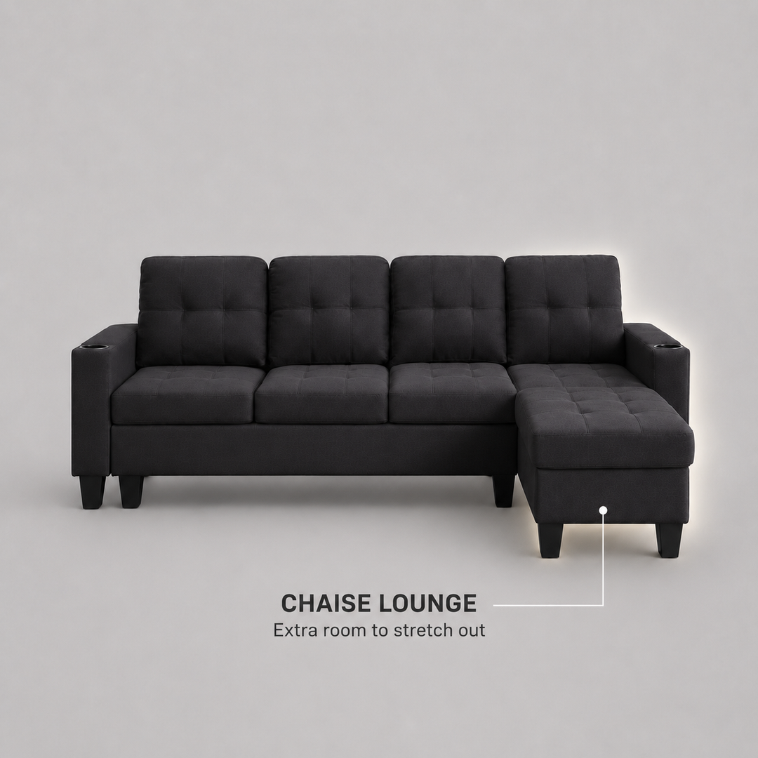 Bexen Fabric Upholstered Sectional Sofa With Reversible Chaise - Black