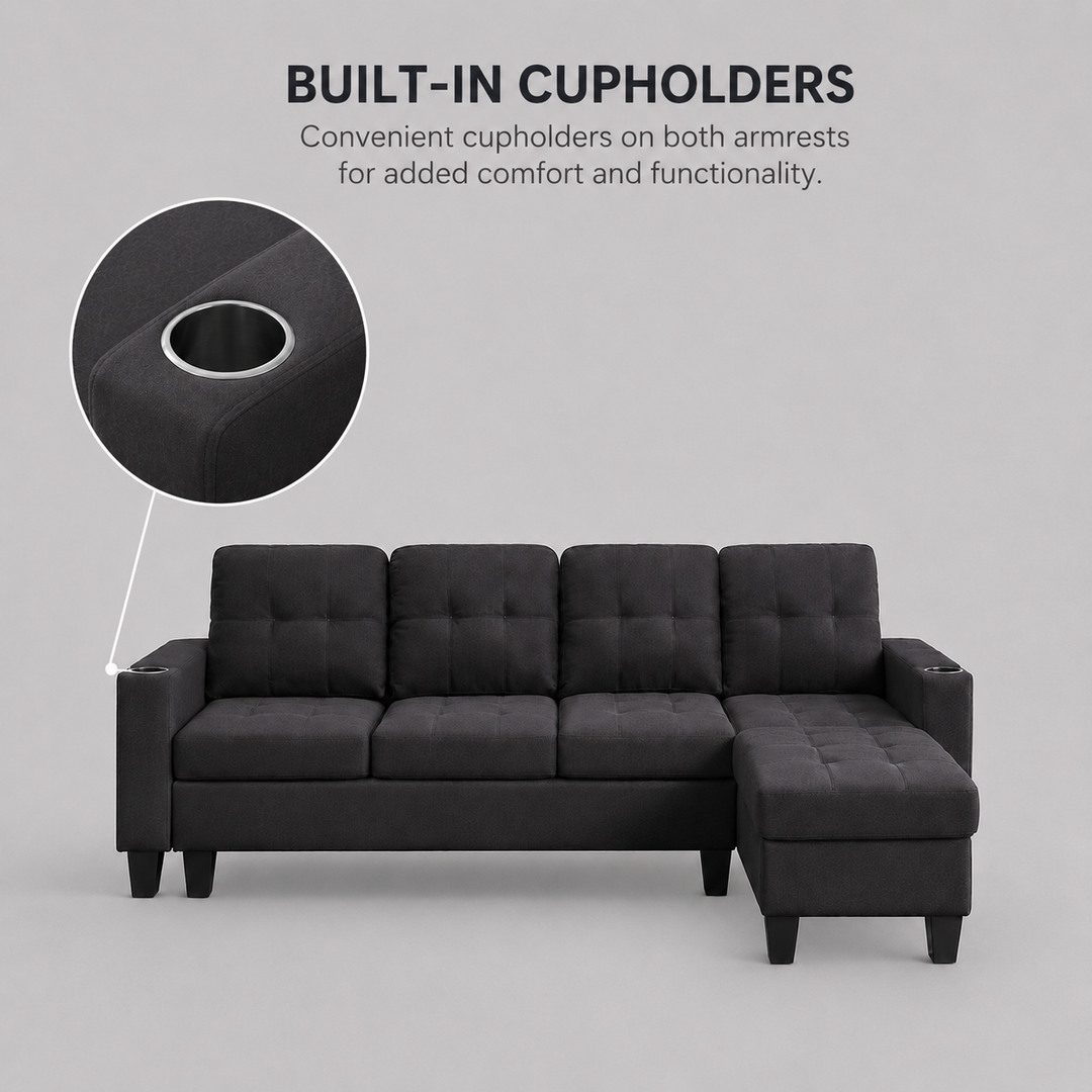 Bexen Fabric Upholstered Sectional Sofa With Reversible Chaise - Black