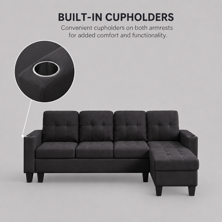 Bexen Fabric Upholstered Sectional Sofa With Reversible Chaise - Black