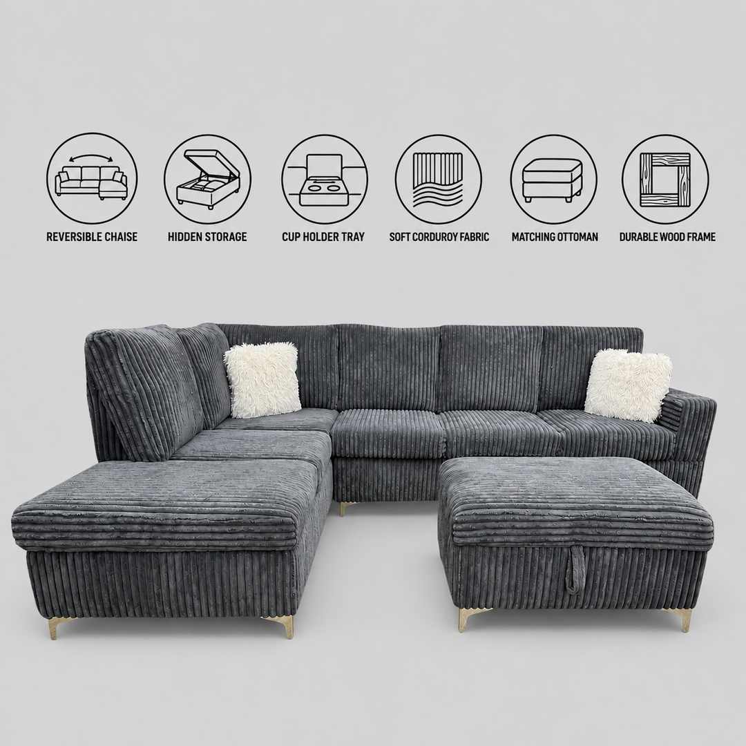 Scott Grey Corduroy Reversible Sectional Sofa Set with Storage Chaise &amp; Ottoman