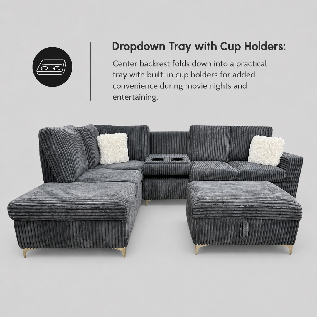 Scott Grey Corduroy Reversible Sectional Sofa Set with Storage Chaise &amp; Ottoman