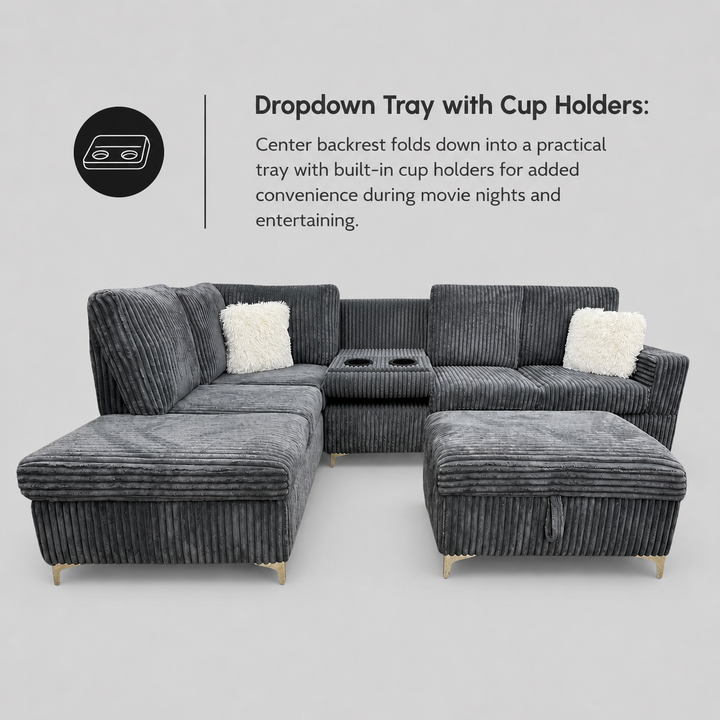 Scott Grey Corduroy Reversible Sectional Sofa Set with Storage Chaise &amp; Ottoman