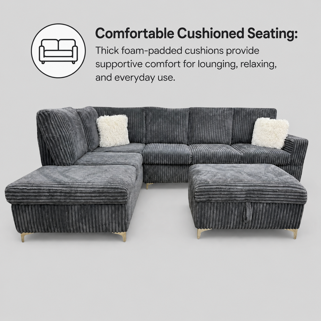 Scott Grey Corduroy Reversible Sectional Sofa Set with Storage Chaise &amp; Ottoman