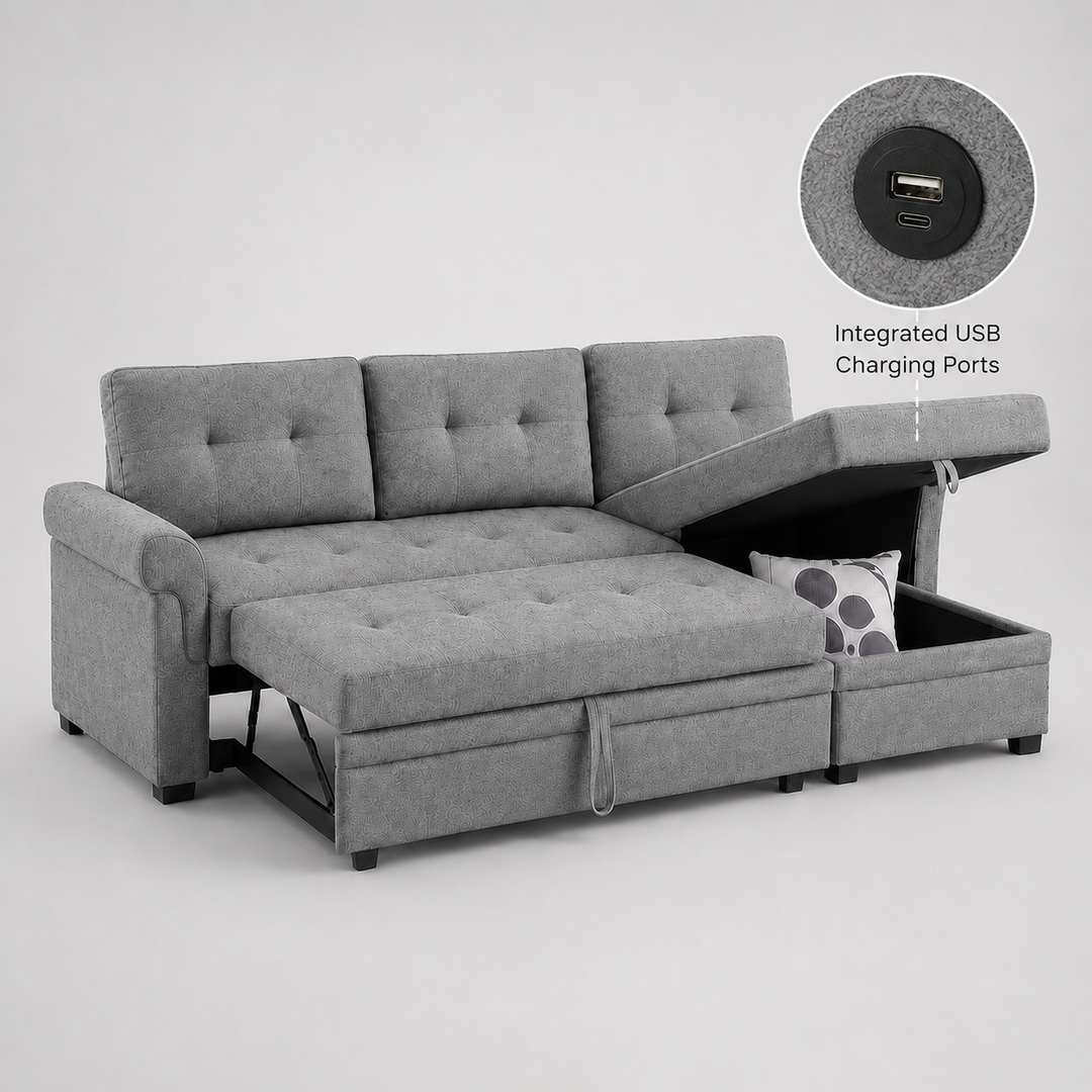 Trenton Grey Sectional Sofa Bed with Reversible Storage Chaise &amp; USB Ports