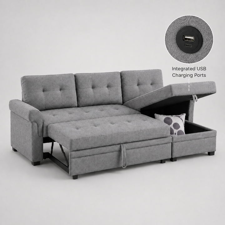 Trenton Grey Sectional Sofa Bed with Reversible Storage Chaise &amp; USB Ports