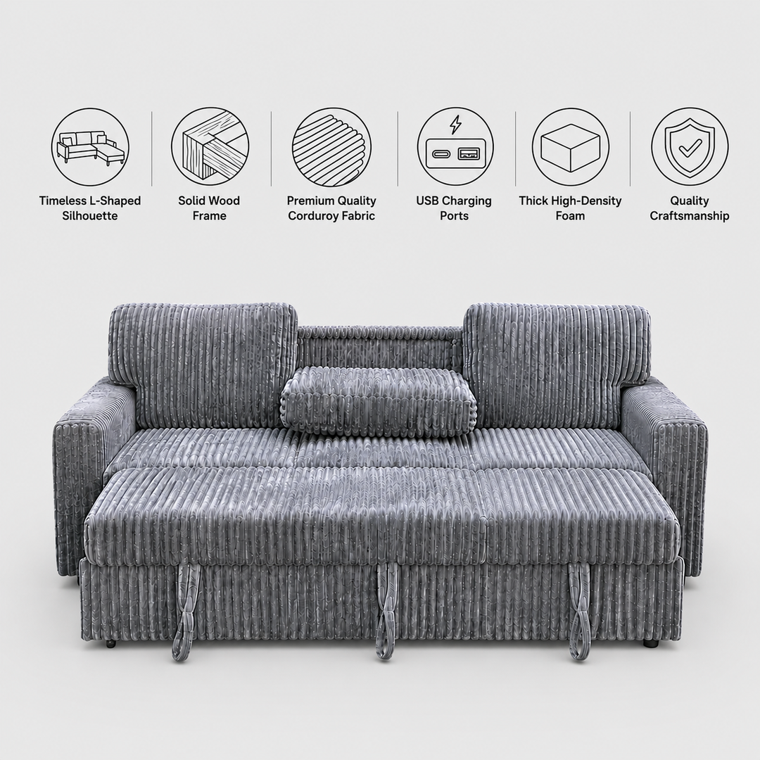 Flair Fabric Upholstered Sectional Sofa Bed With Reversible Storage Chaise - Grey