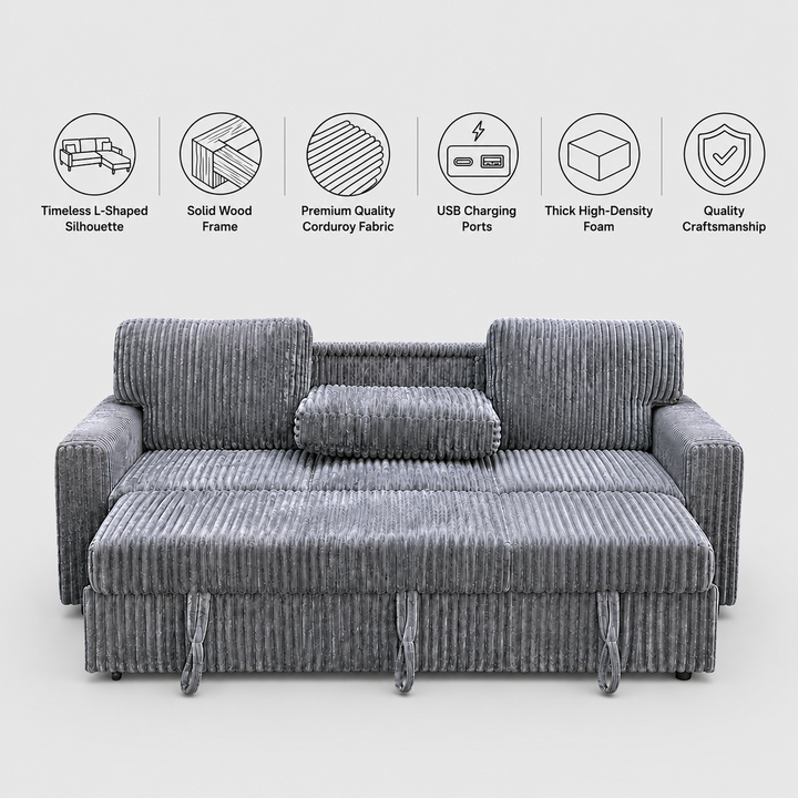 Flair Fabric Upholstered Sectional Sofa Bed With Reversible Storage Chaise - Grey