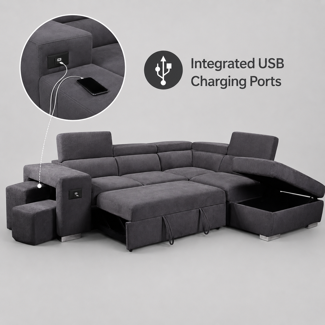 Vibe Fabric Upholstered Sectional Sofa Bed with USB Charging Ports &amp; Storage - Grey