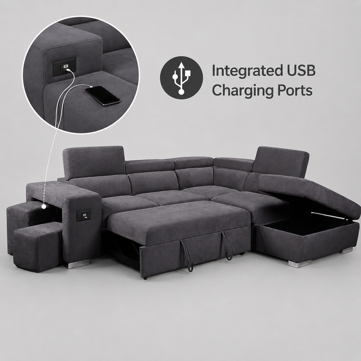 Vibe Fabric Upholstered Sectional Sofa Bed with USB Charging Ports &amp; Storage - Grey