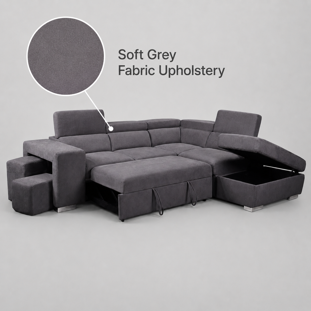 Vibe Fabric Upholstered Sectional Sofa Bed with USB Charging Ports &amp; Storage - Grey