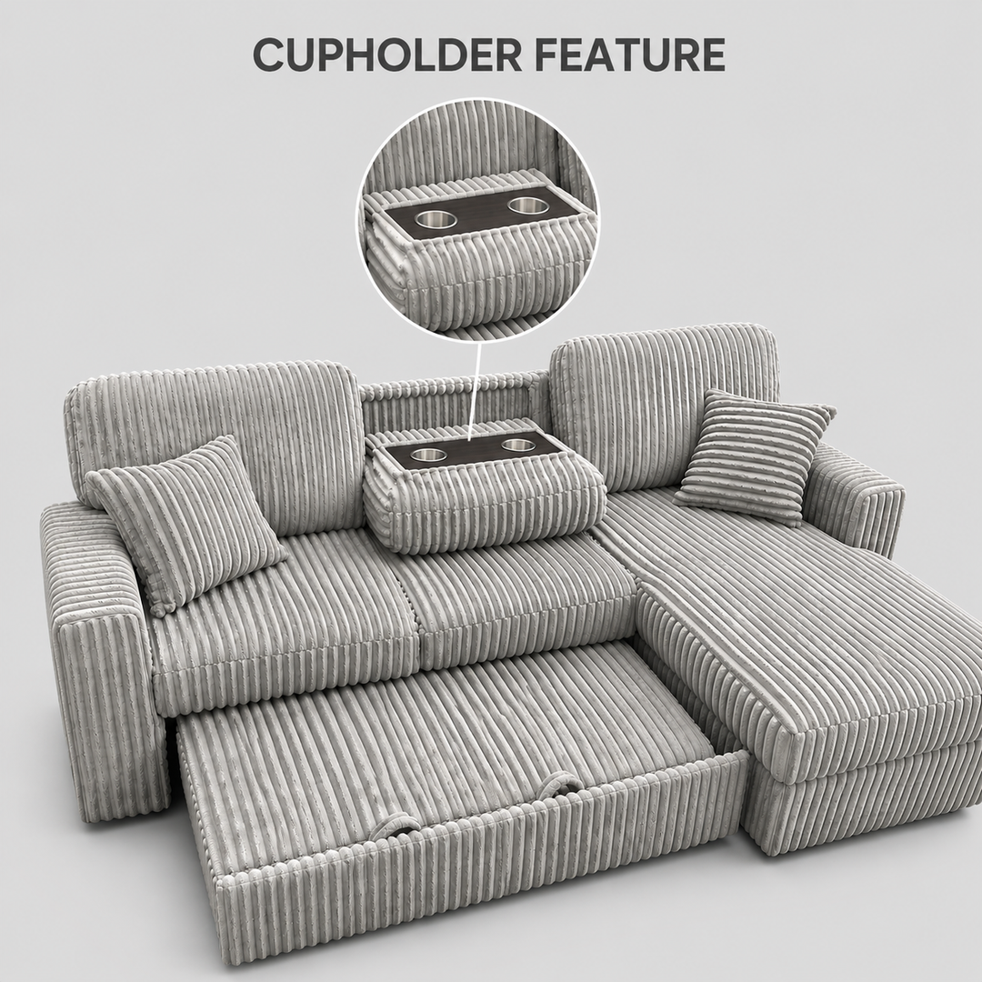 Flair Fabric Upholstered Sectional Sofa Bed With Reversible Storage Chaise - Grey