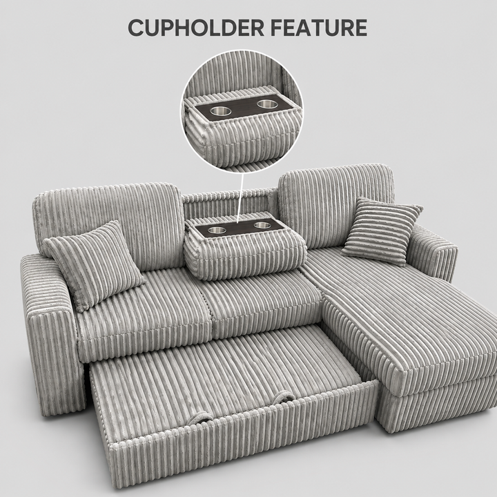 Flair Fabric Upholstered Sectional Sofa Bed With Reversible Storage Chaise - Grey