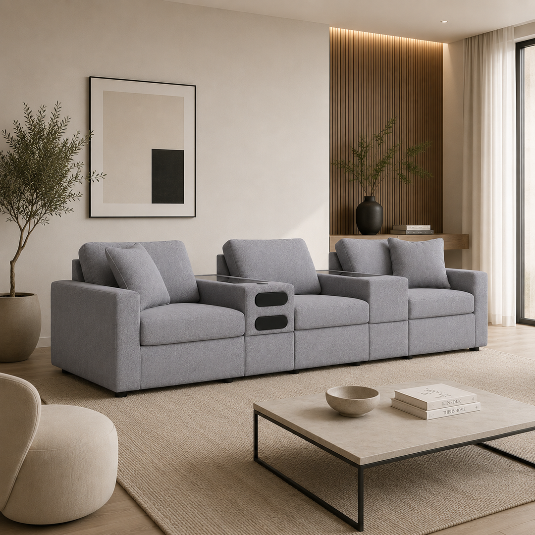 92104S64 Modmax 5-Piece Fabric Modular Sofa With Storage &amp; Audio System Console - Granite | Signature Design By Ashley