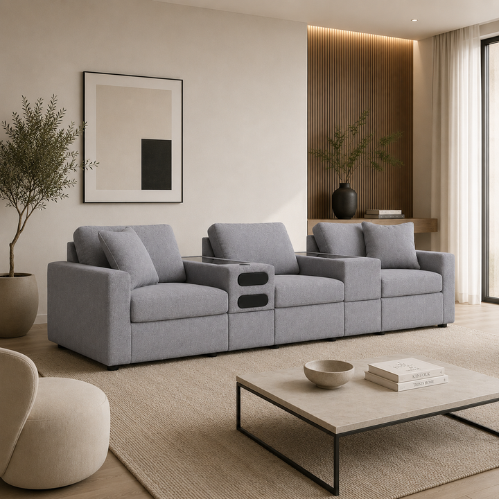 92104S64 Modmax 5-Piece Fabric Modular Sofa With Storage &amp; Audio System Console - Granite | Signature Design By Ashley