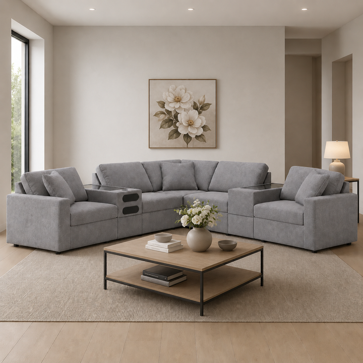 92104S69 Modmax 7-Piece Fabric Sectional Sofa With Storage &amp; Audio System Console - Granite | Signature Design By Ashley