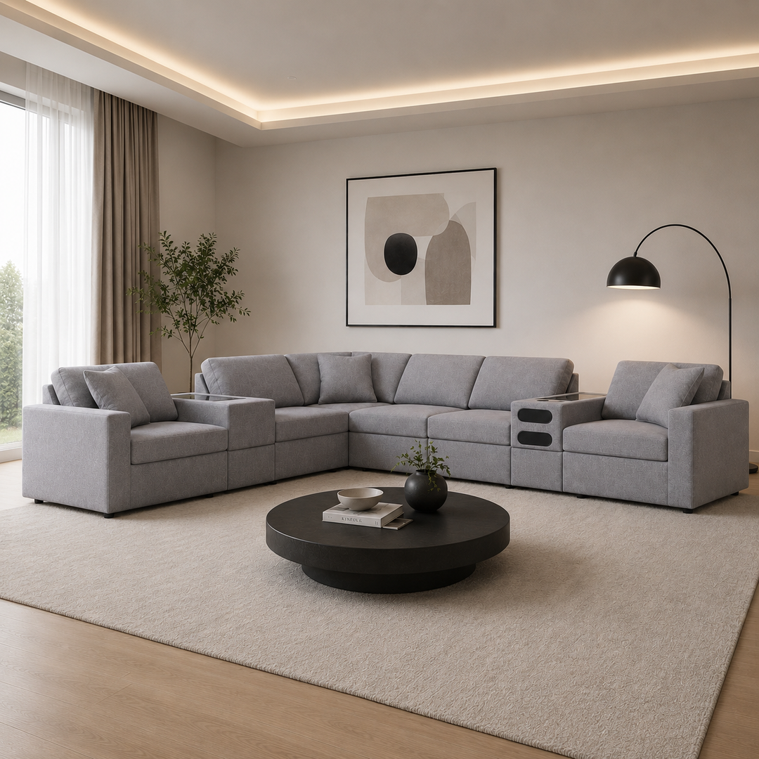 92104S30 Modmax 8-Piece Fabric Sectional Sofa With Storage &amp; Audio System Console - Granite | Signature Design By Ashley