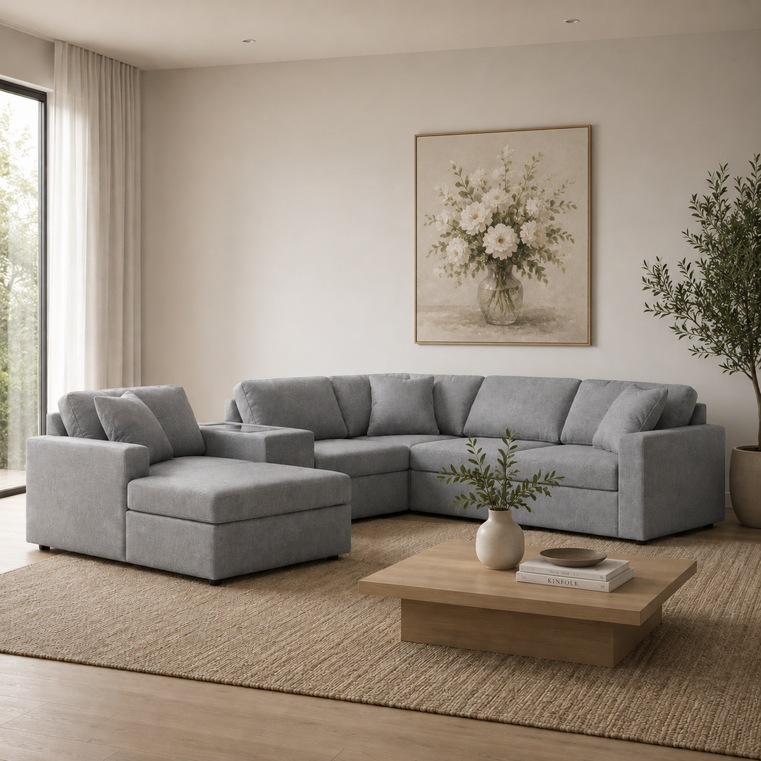 Modmax 6-Piece Fabric Sectional Sofa With Corner Chaise &amp; Storage Console - Granite | Signature Design By Ashley