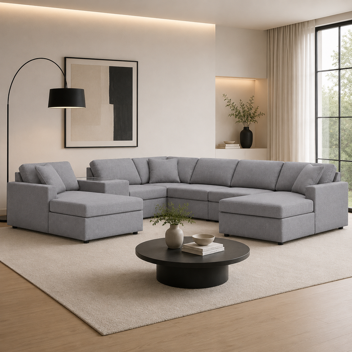 92104S54 Modmax 7-Piece Fabric Sectional Sofa With Dual Chaise &amp; Storage Console - Oyster | Signature Design By Ashley