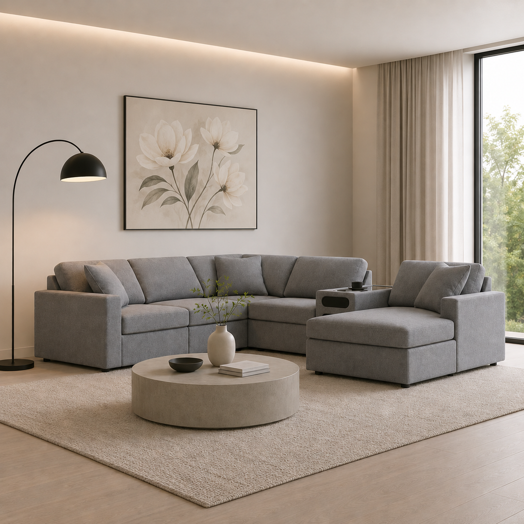 Modmax 6-Piece Fabric Sectional Sofa With Corner Chaise &amp; Audio System Console - Granite | Signature Design By Ashley