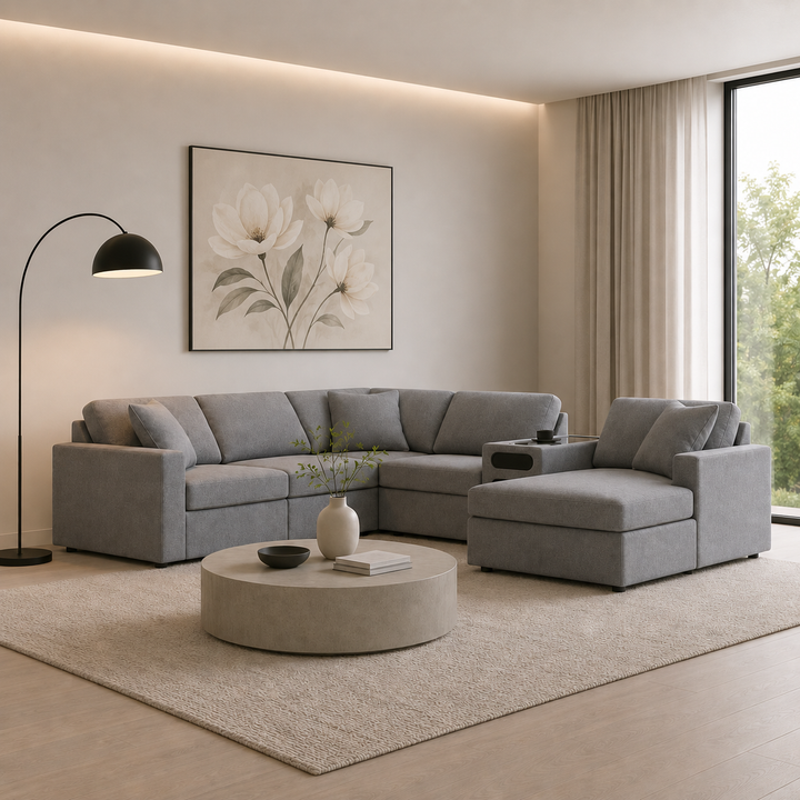 Modmax 6-Piece Fabric Sectional Sofa With Corner Chaise &amp; Audio System Console - Granite | Signature Design By Ashley