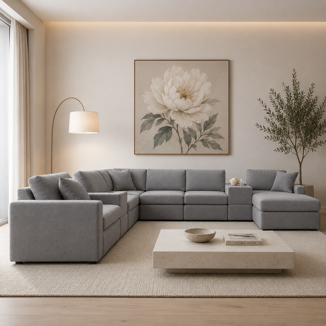 Modmax 8-Piece Fabric Sectional Sofa With Corner Chaise &amp; Storage Console - Granite | Signature Design By Ashley