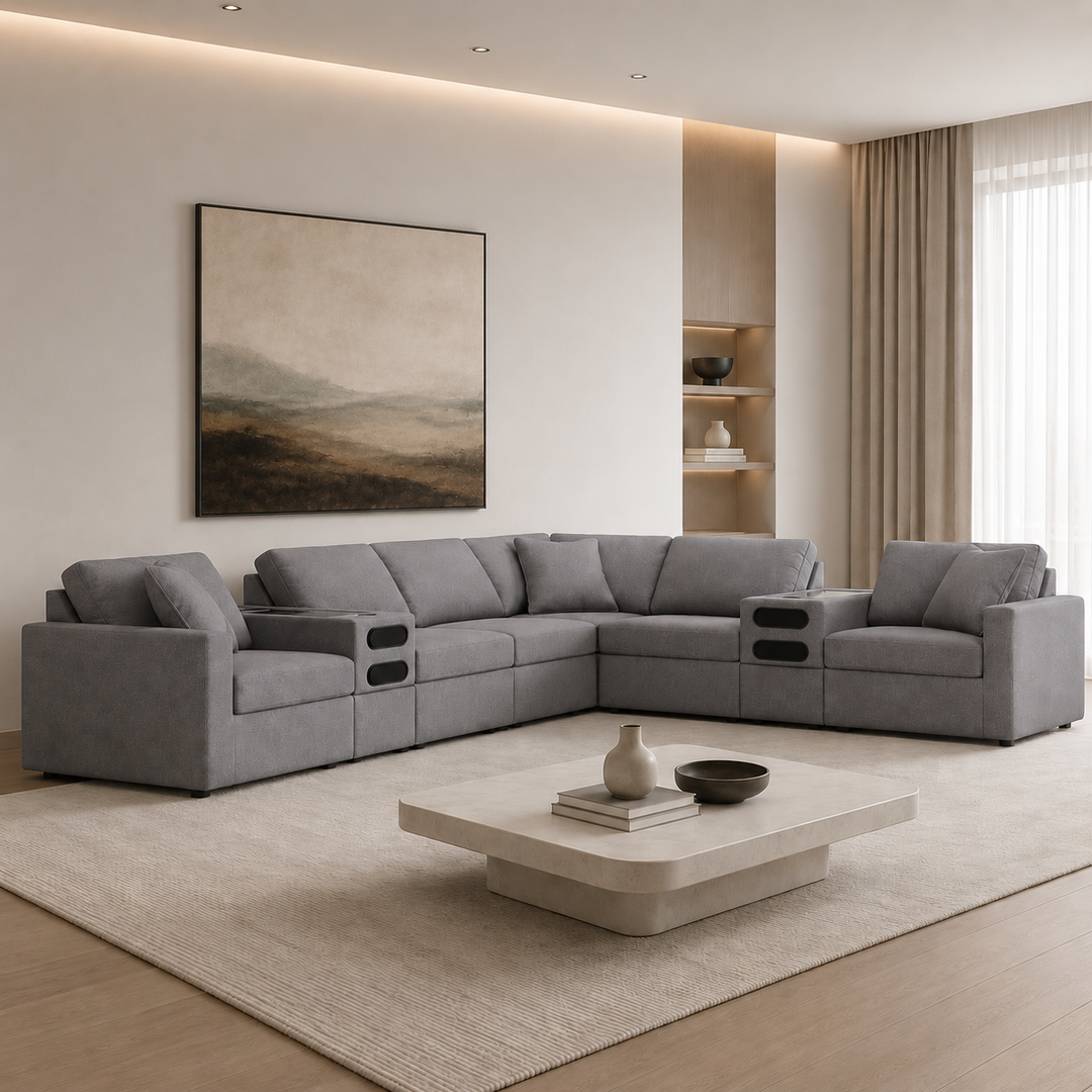 92104S16 Modmax 8-Piece Fabric Sectional Sofa With Audio System Console - Granite | Signature Design By Ashley