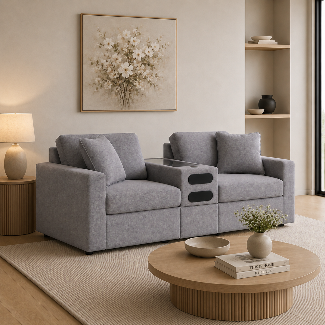 92104S13 Modmax 3-Piece Fabric Modular Loveseat With Audio System Console - Granite | Signature Design By Ashley