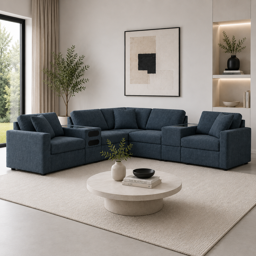 92121S69 Modmax 7-Piece Fabric Sectional Sofa With Storage &amp; Audio System Console - Ink | Signature Design By Ashley