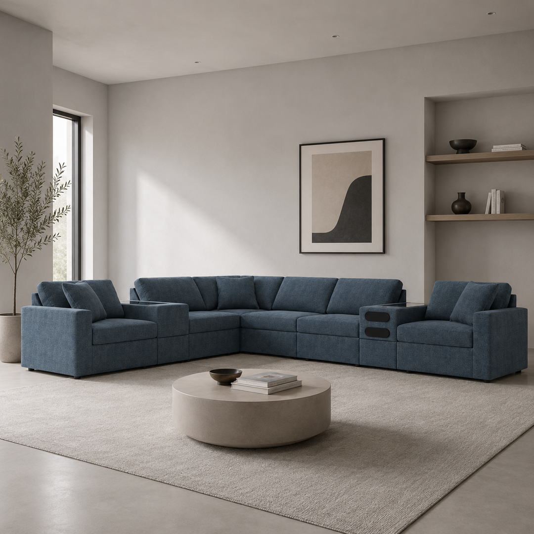 92121S30 Modmax 8-Piece Fabric Sectional Sofa With Storage &amp; Audio System Console - Ink | Signature Design By Ashley