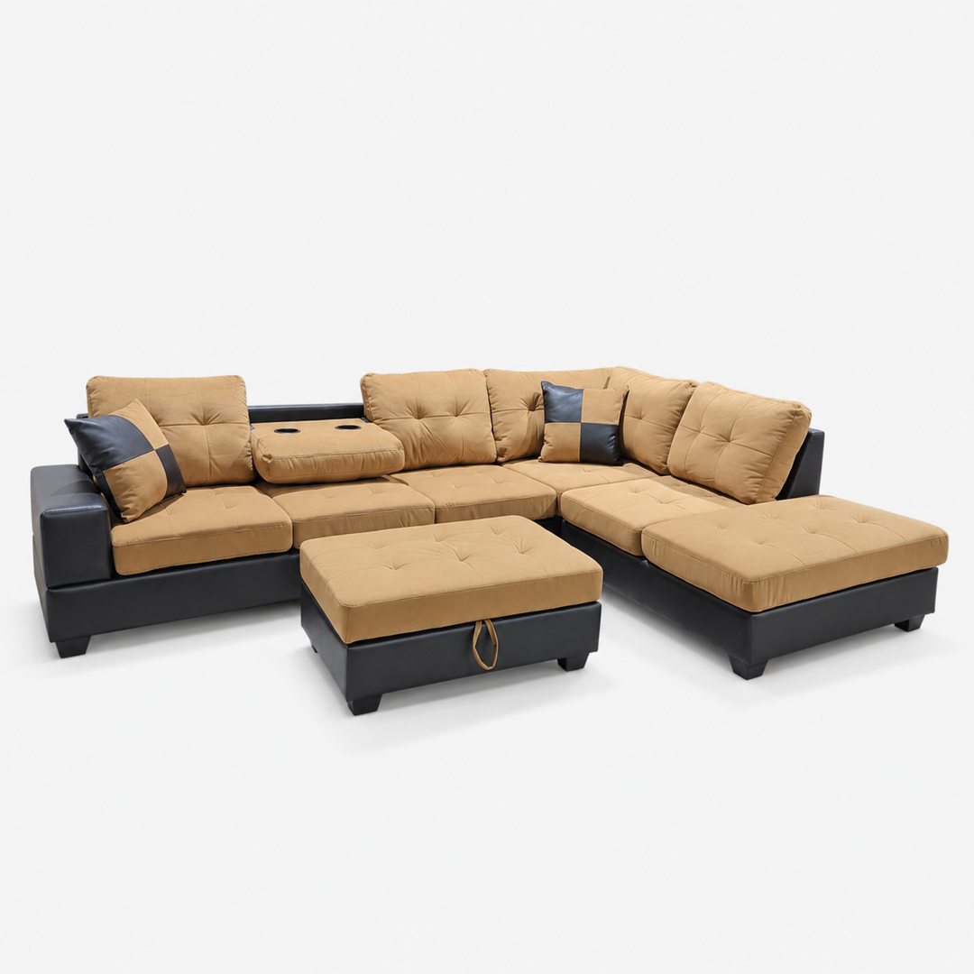 Marcel Fabric/ Leather Upholstered Sectional Sofa With Reversible Chaise - Light Brown/ Black