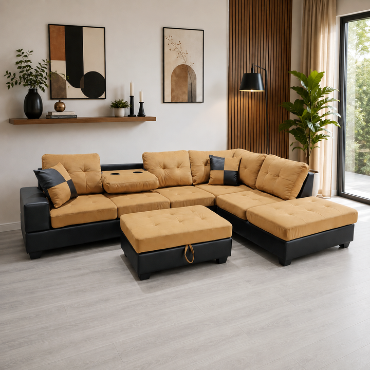 Marcel Fabric/ Leather Upholstered Sectional Sofa With Reversible Chaise - Light Brown/ Black
