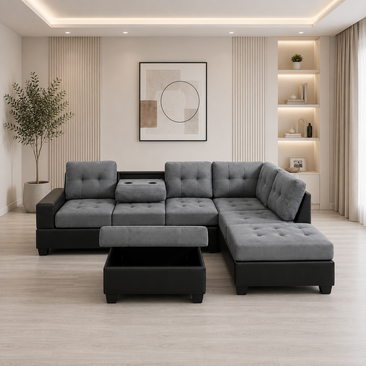 Marcel Fabric/ Leather Upholstered Sectional Sofa With Reversible Chaise - Grey/ Black