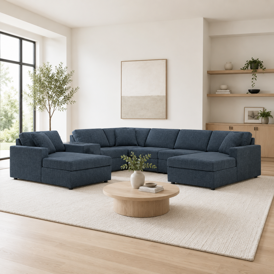 Modmax 6-Piece Fabric Sectional Sofa With Corner Chaise &amp; Audio System Console - Ink | Signature Design By Ashley