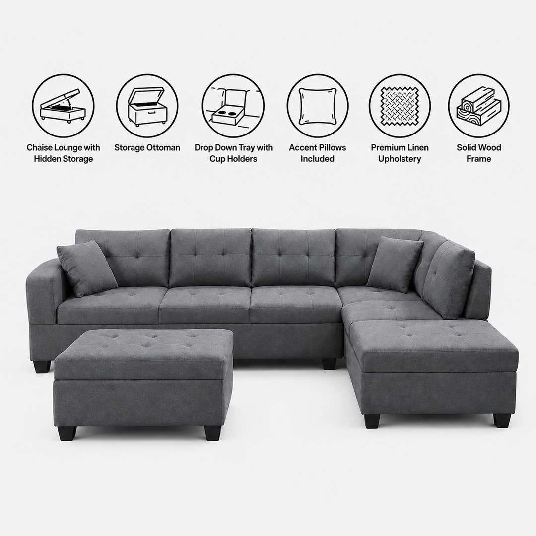 Haven Sectional Sofa In Fabric Upholstery - Grey | Available In LHF/ RHF Configuration