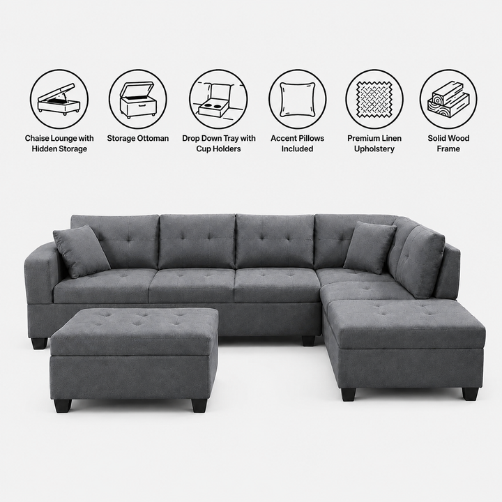 Haven Sectional Sofa In Fabric Upholstery - Grey | Available In LHF/ RHF Configuration