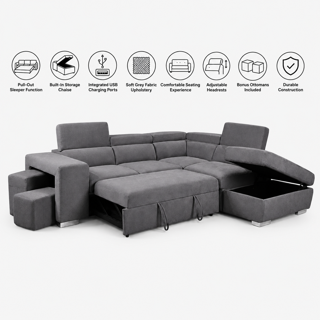 Vibe Fabric Upholstered Sectional Sofa Bed with USB Charging Ports &amp; Storage - Grey