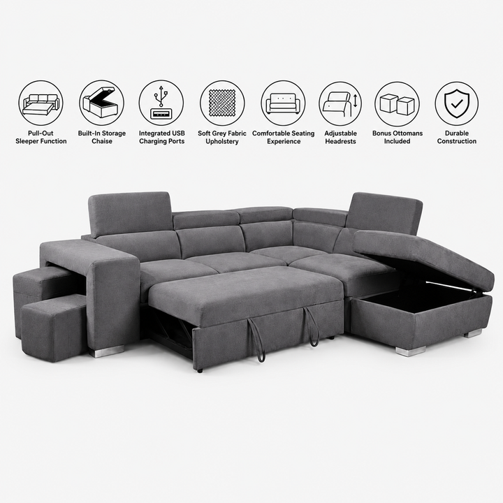 Vibe Fabric Upholstered Sectional Sofa Bed with USB Charging Ports &amp; Storage - Grey