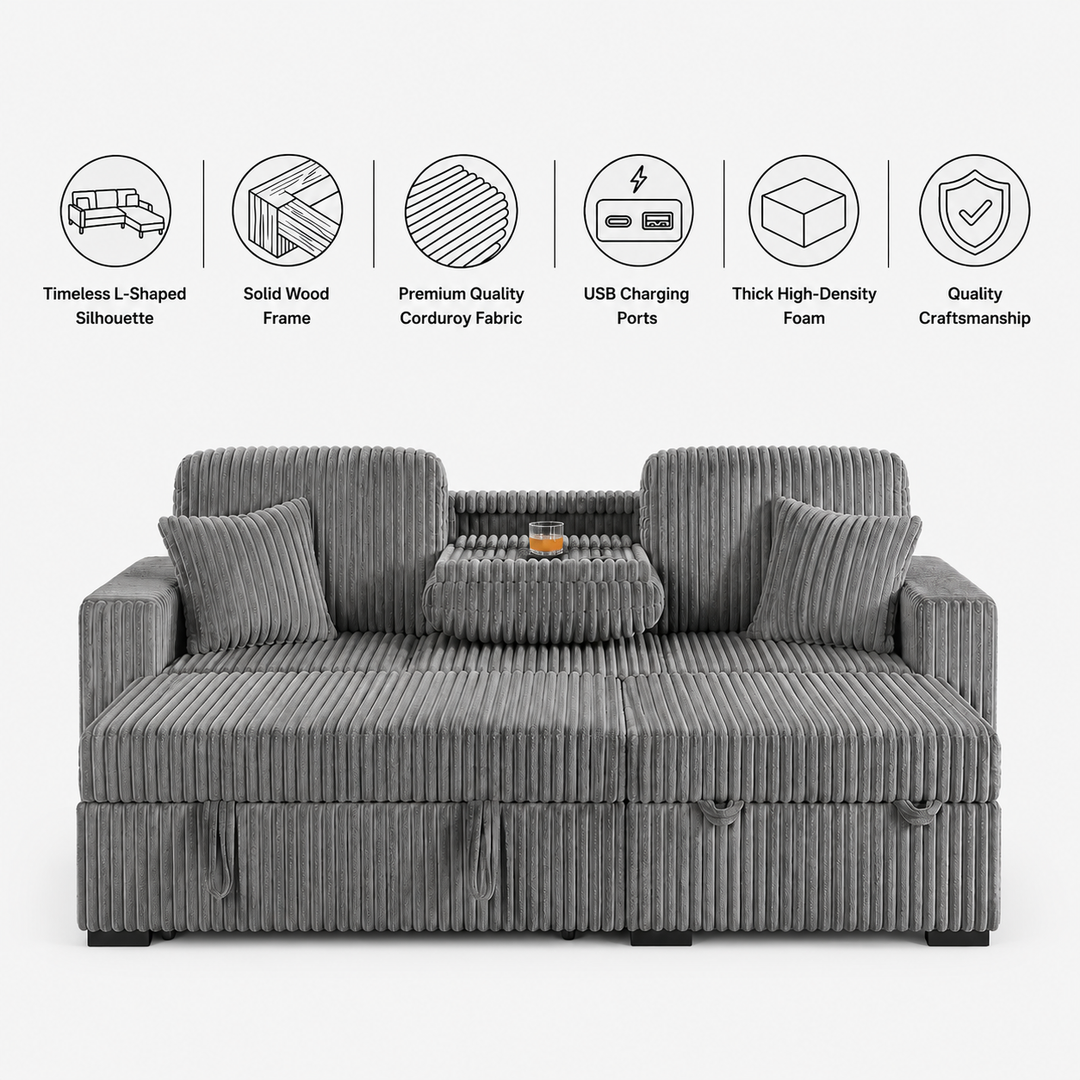 Flair Fabric Upholstered Sectional Sofa Bed With Reversible Storage Chaise - Grey