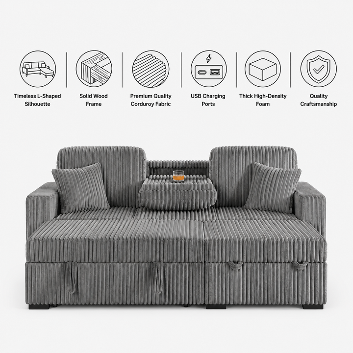 Flair Fabric Upholstered Sectional Sofa Bed With Reversible Storage Chaise - Grey