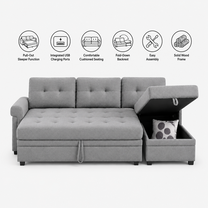 Trenton Grey Sectional Sofa Bed with Reversible Storage Chaise &amp; USB Ports