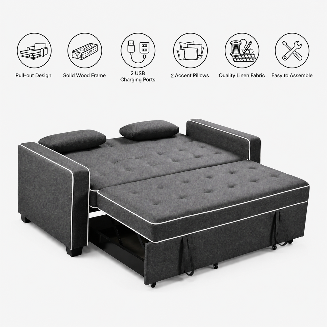 Austin Fabric Upholstered Sleeper Sofa With Built-In USB Ports - Grey