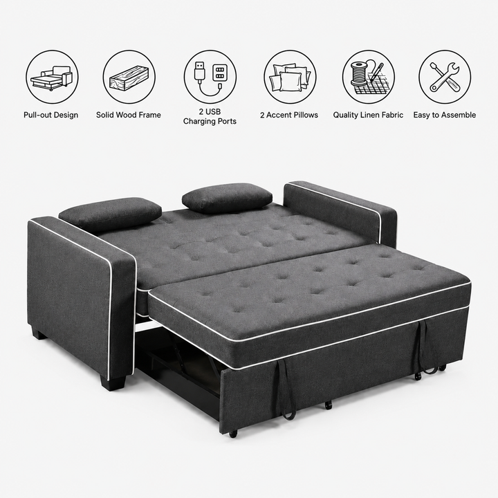 Austin Fabric Upholstered Sleeper Sofa With Built-In USB Ports - Grey