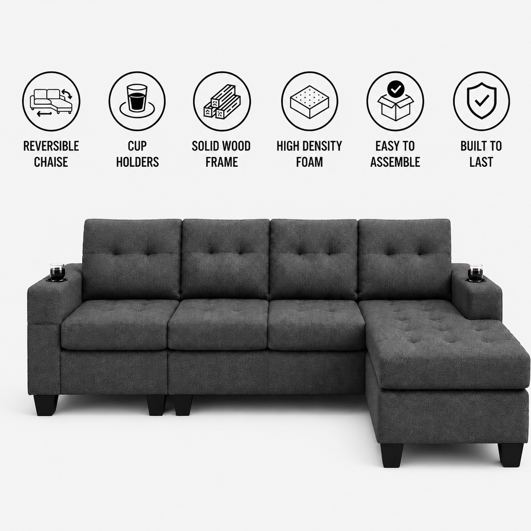 Bexen Fabric Upholstered Sectional Sofa With Reversible Chaise - Grey