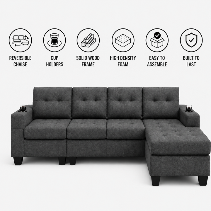 Bexen Fabric Upholstered Sectional Sofa With Reversible Chaise - Grey