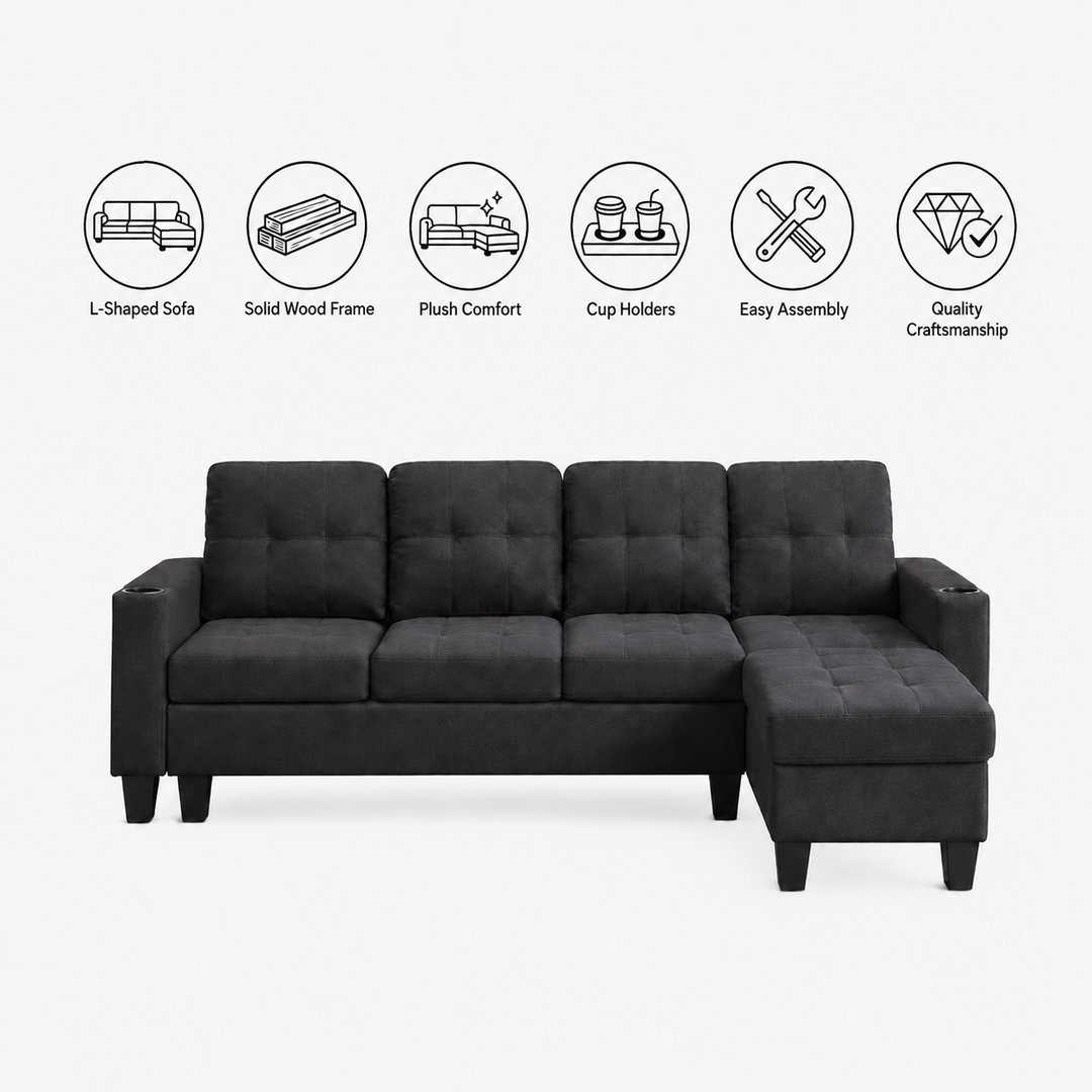 Bexen Fabric Upholstered Sectional Sofa With Reversible Chaise - Black