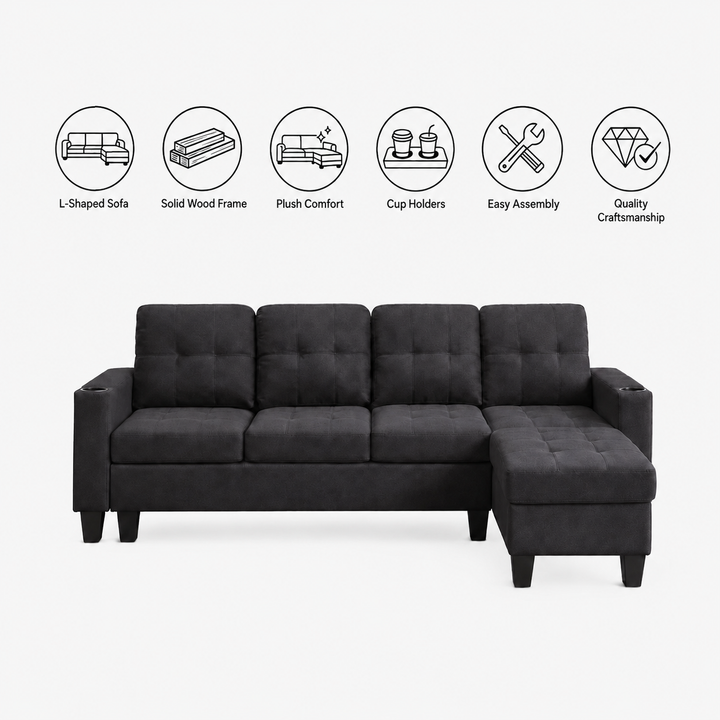 Bexen Fabric Upholstered Sectional Sofa With Reversible Chaise - Black