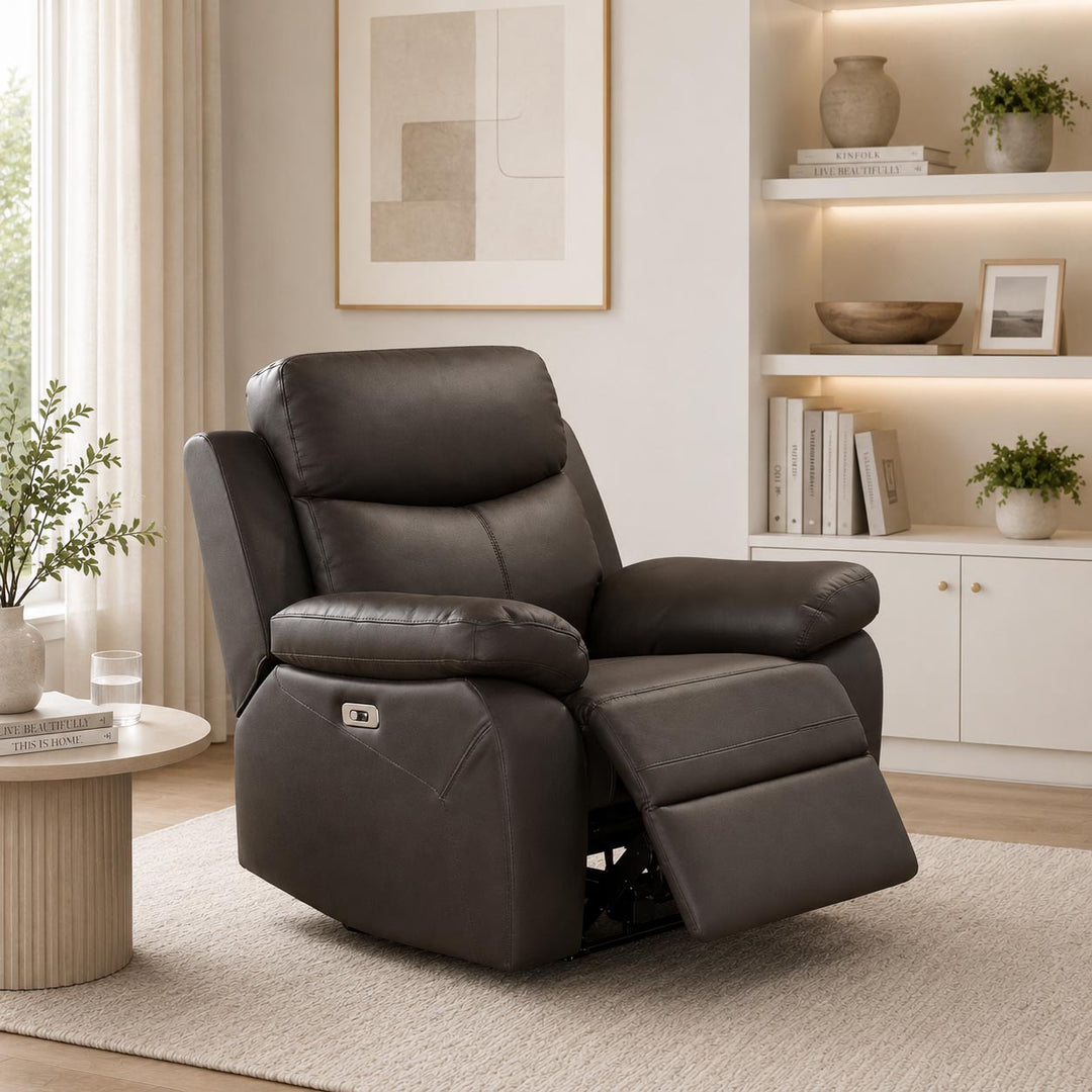 Vinny Dark Brown Power Recliner Chair In Leather Upholstery